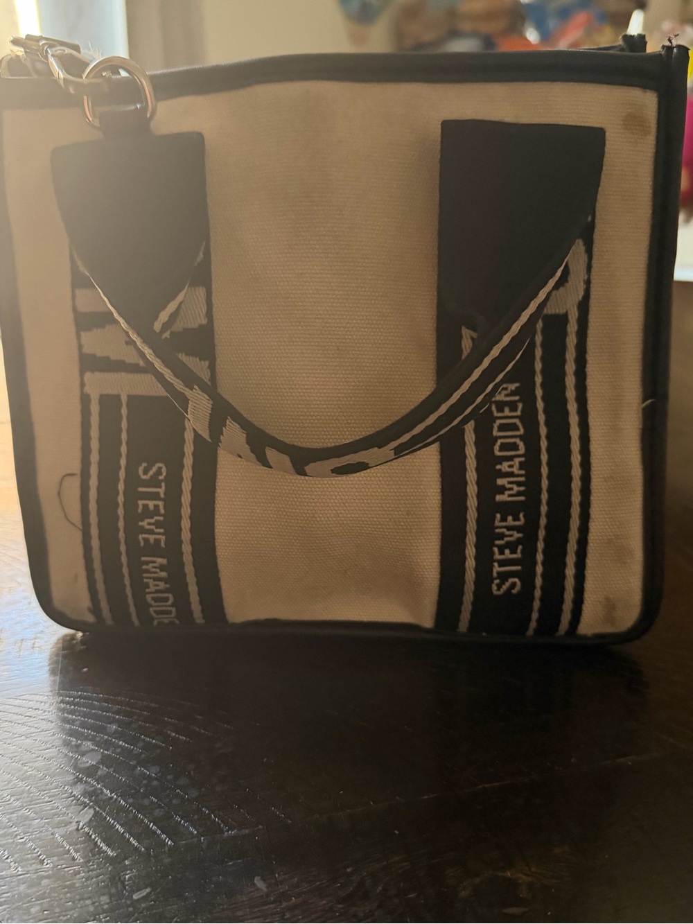 Steve Madden Cream and Black Canvas Cosmetic Case with Branded Handles